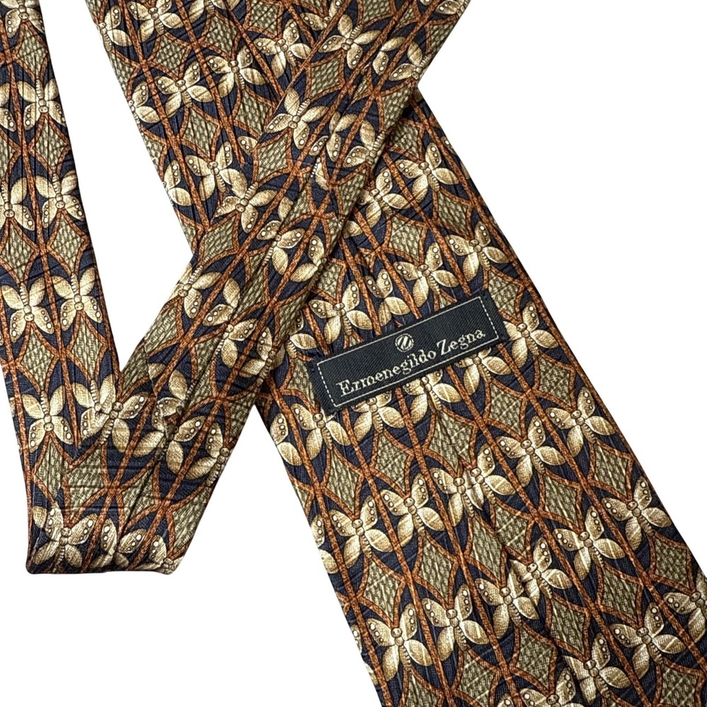 Ermenegildo Zegna Mens Silk Tie Gold Green Butterfly Geometric Made in Italy
